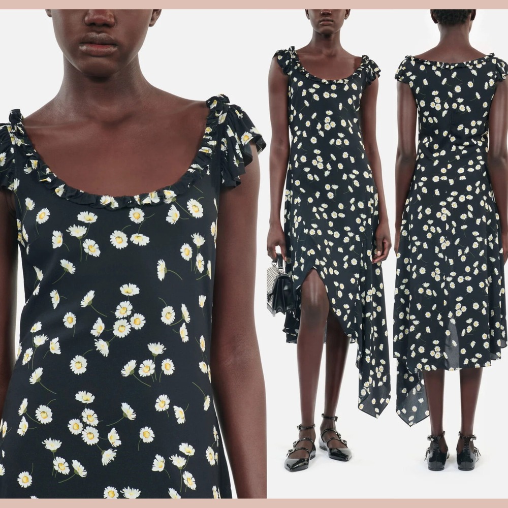 NWT $425‎ The Kooples [ SZ 1 ] Daisy Print Asymmetrical Dress in Black #6911
